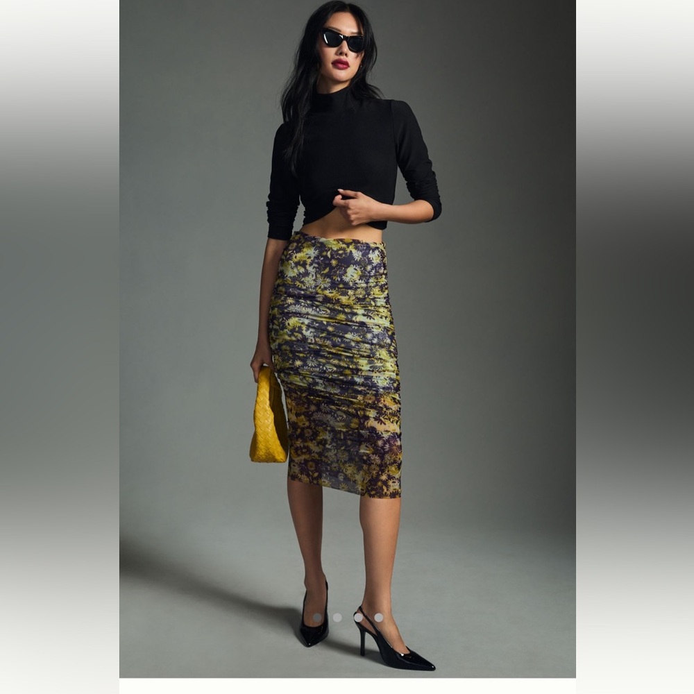 By Anthropologie Ruched Mesh Floral Skirt